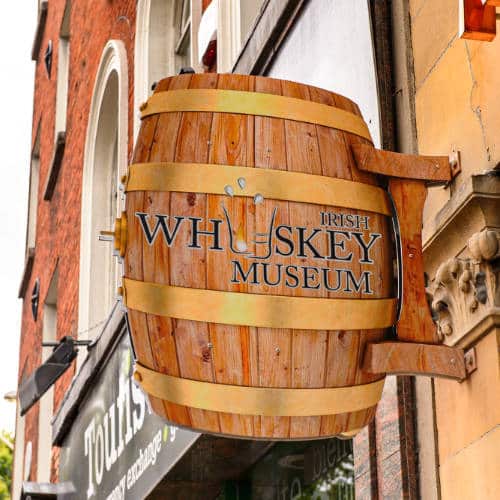 View of barrel-like signage of the Irish Whiskey Museum