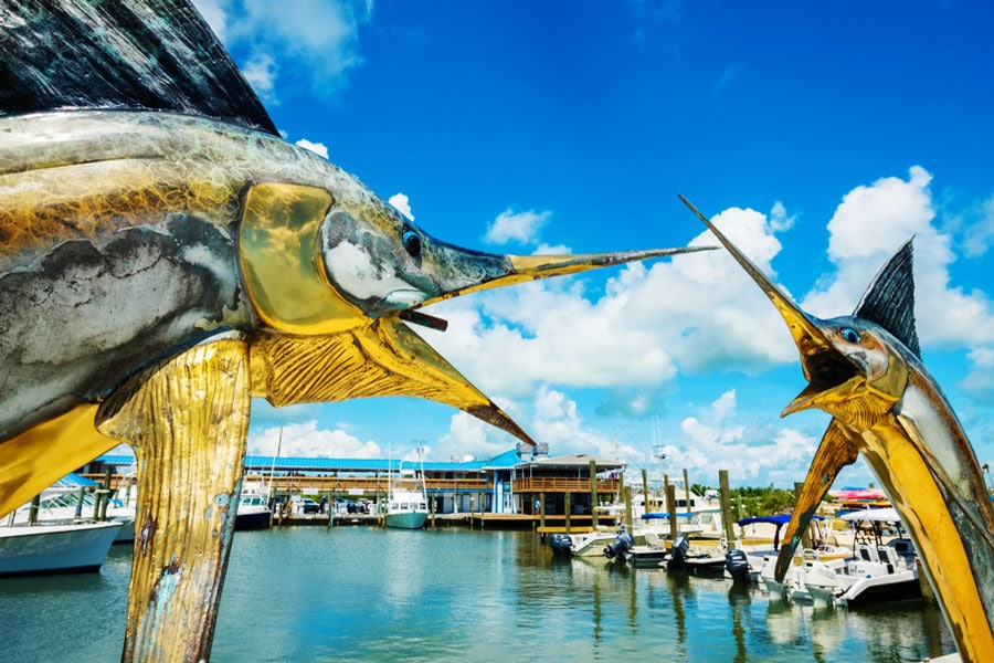 View of two swordfish statue in Islamorada Deep Sea Fishing site