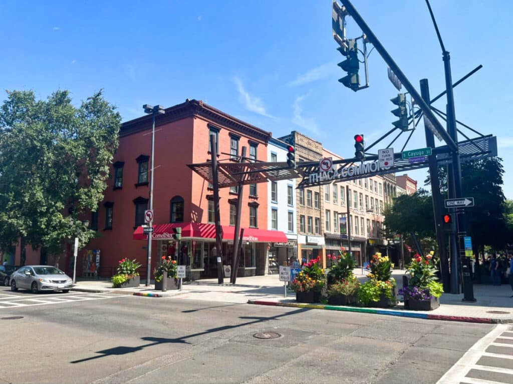 View of the peaceful street in Ithaca Commons