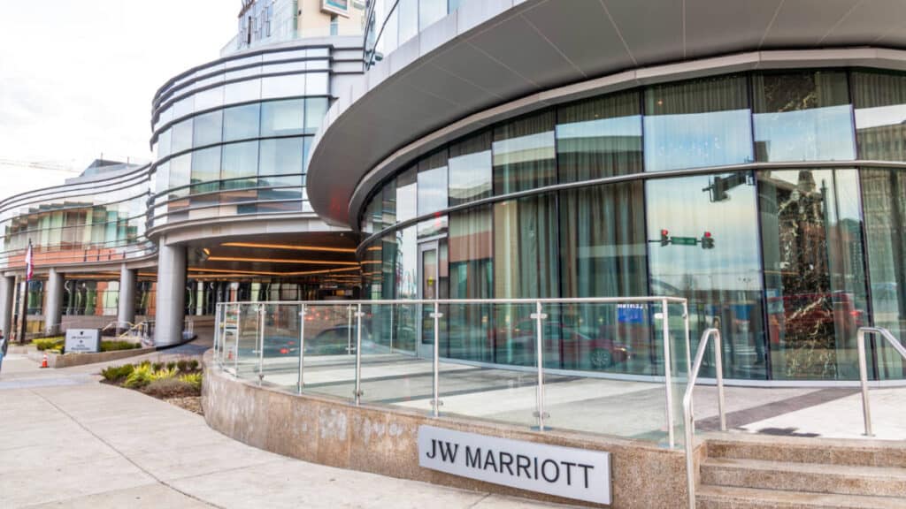 Façade of the glass walled JW Marriot Hotel
