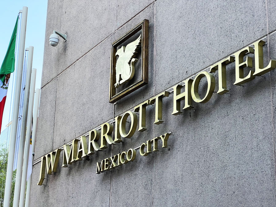 View of the JW Marriott Hotel sign and logo