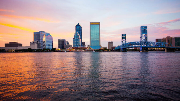 Scenic view of buildings in Jacksonville during sunset
