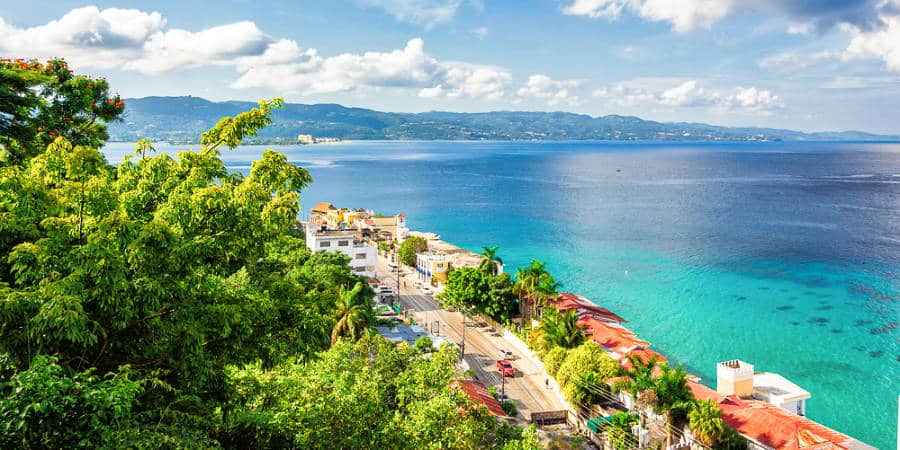 Aerial view of the beautiful Jamaica Island surrounded by clear blue ocean
