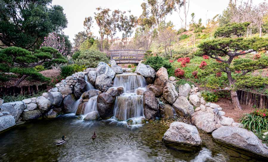 View of a waterfall in Japanese Friendship Garden in San Diego