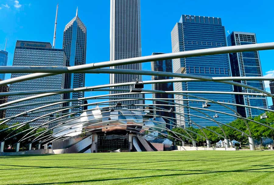 View from the Jay Pritzker Pavilion and the buildings on its background