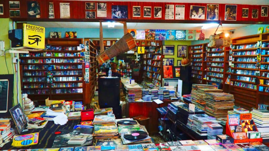 Books displayed on shelves at the Jazzhole Bookstore