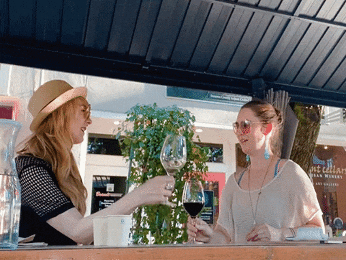The author Jericha Griffin and her friend, clinking their wine glasses