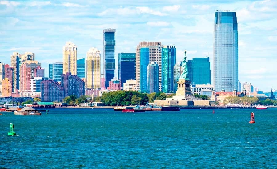View of the Jersey City skyline and the Statue of Liberty