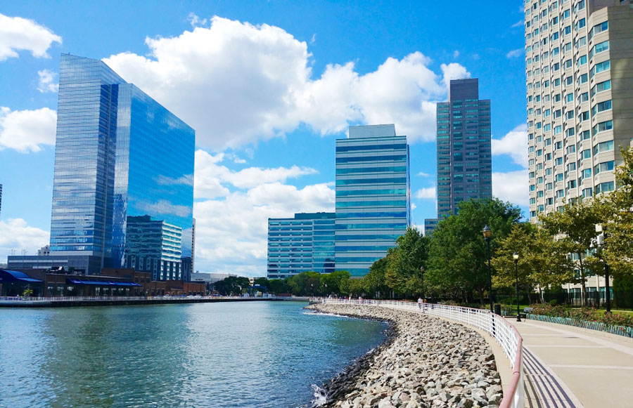 View of the Hudson River Waterfront Walkway and the skyscrapers around it
