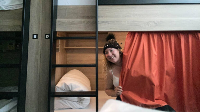 The author Jess Levy on her hostel in Brussels, Belgium.