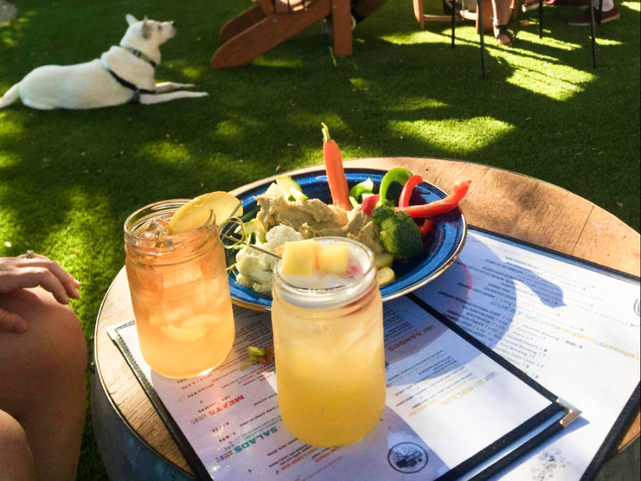 A plate of a vegetable dish with two glasses of drinks and a white dog in the background at My Yard Live