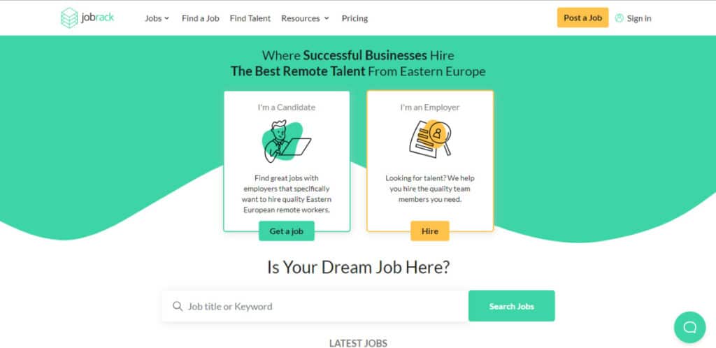 View of the homepage of Job Rack