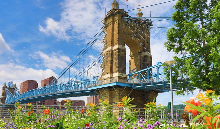 View of the John A. Roebling Suspension Bridge in Cincinnati
