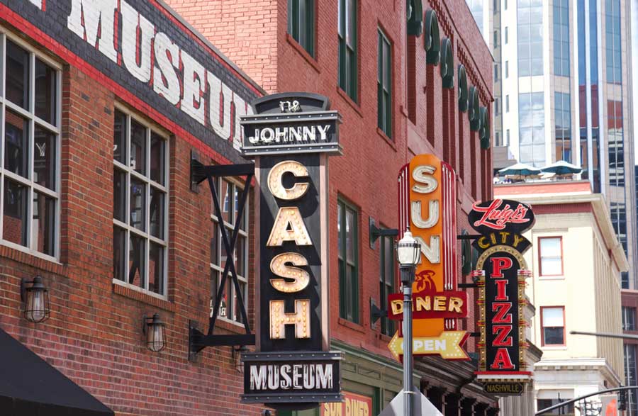 View of the Johnny Cash Museum sign on the entrance