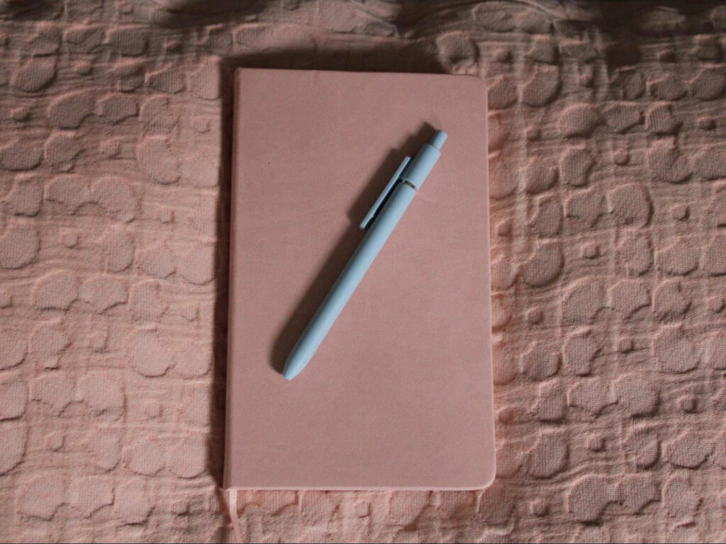 A pink journal and blue pen