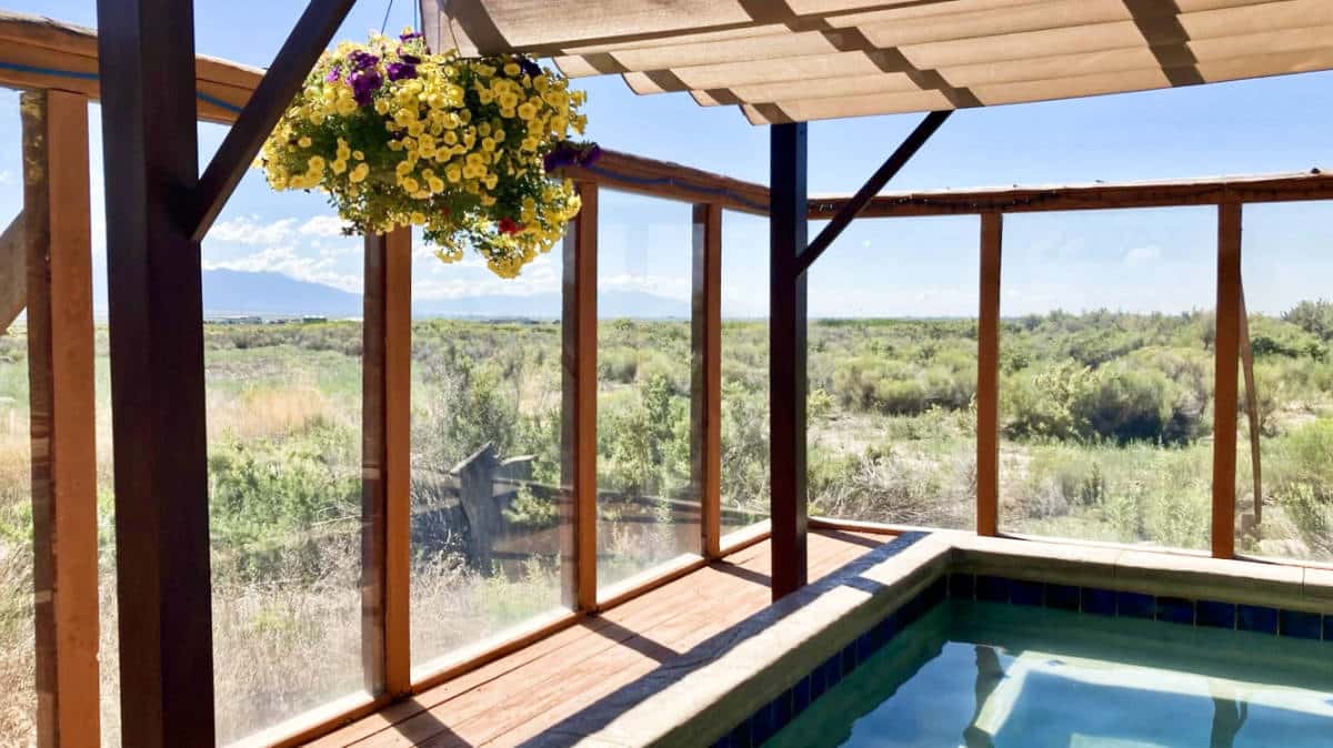 The indoor pool with scenic view from the glass window