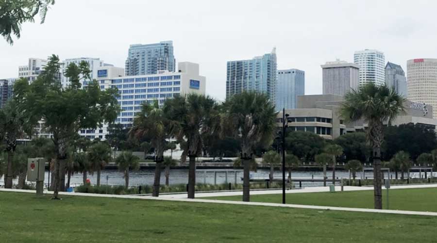 Cityscape view from Julian B. Lane Park one a gloomy afternoo.n
