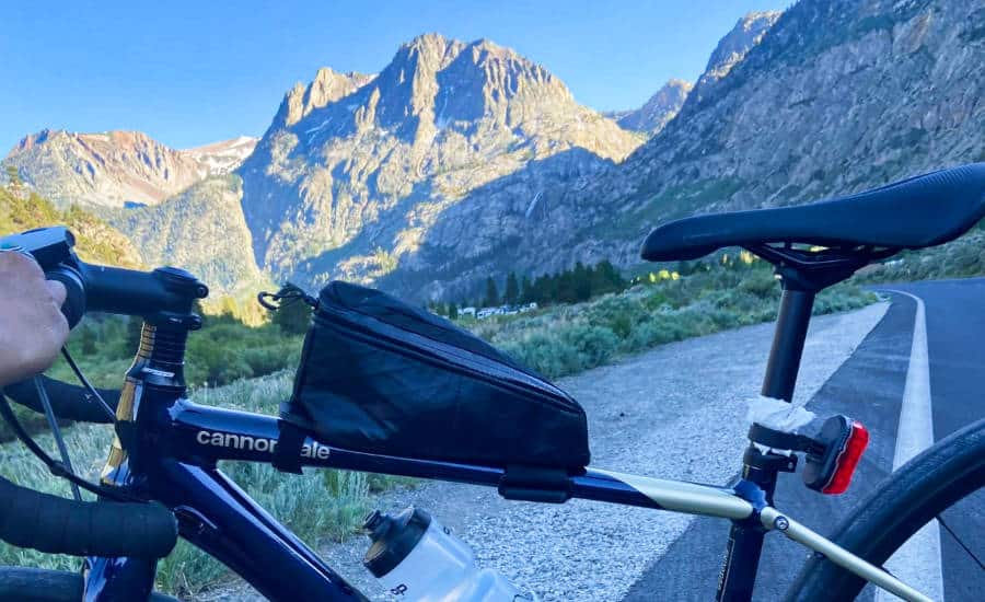A bike at the June Lake Loop Trail with the magnificent mountains in the background