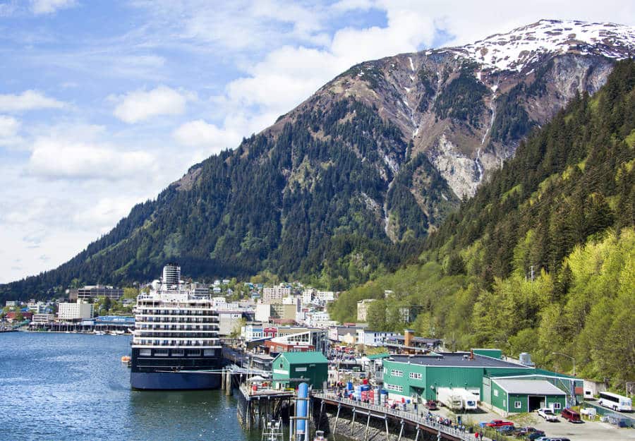 View of the waterfront Juneau downtown with Juneau Mountain in the background