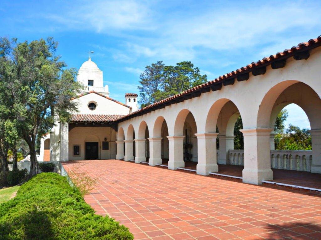 View of the archways at the Junipero Serra Museum in Mission Hills