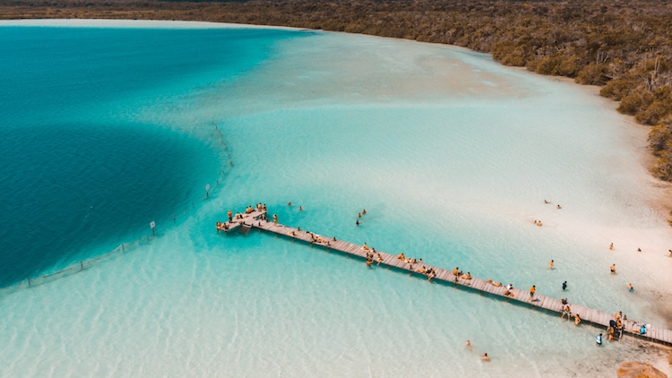 Aerial view of clear water in Aerial view of Kaan Luum lagoon