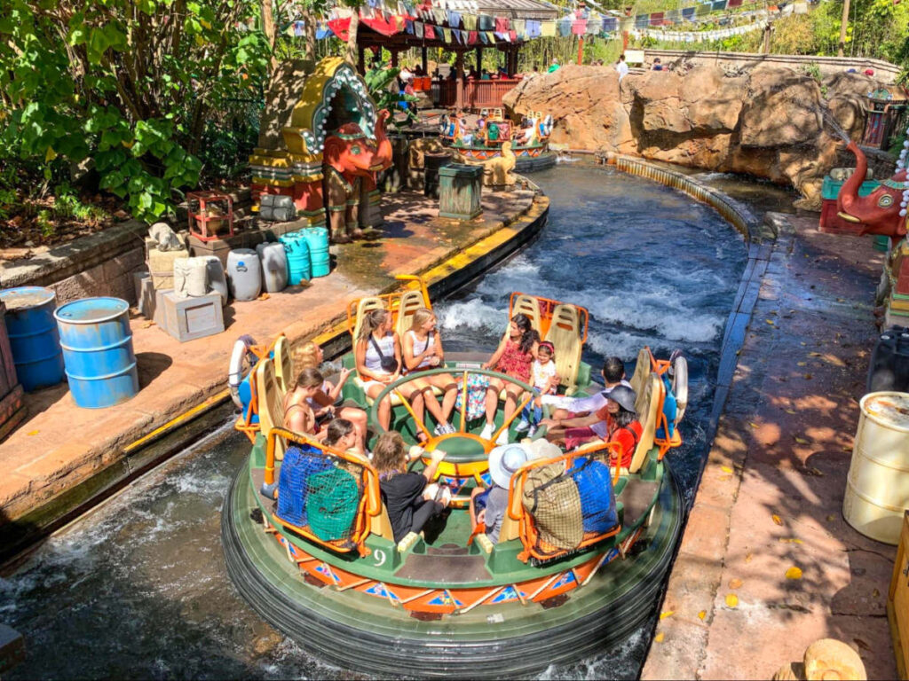 A group of people enjoying the Kali River Rapids
