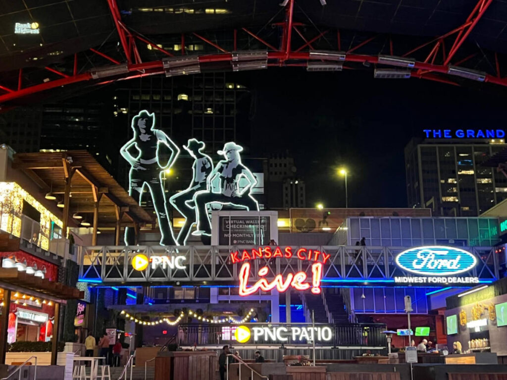 View of the neon signages outside the Kansas City Live! Block at night