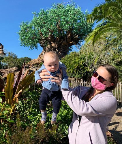 The author with her son in a theme park