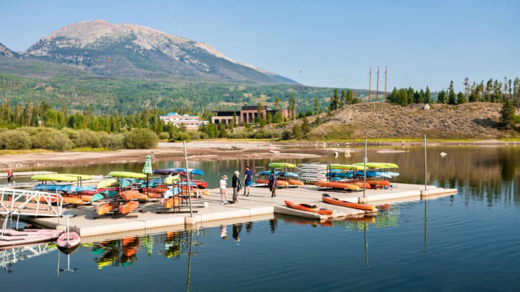 View of the kayak rentals docked at the Frisco Bay Marina