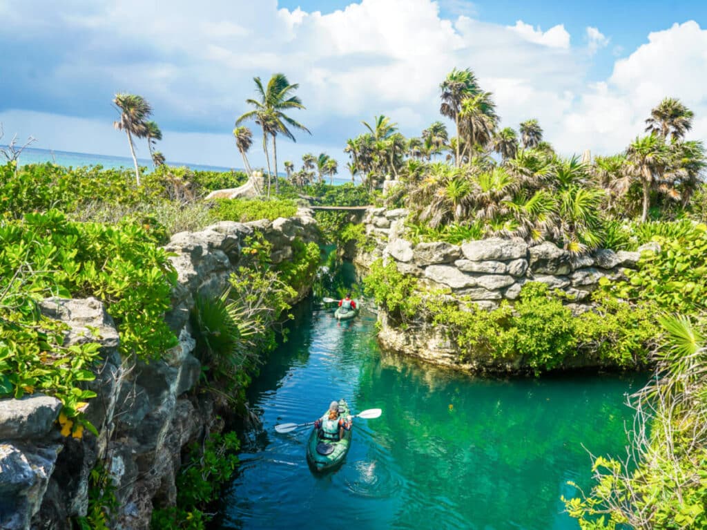 Aerial view of the kayakers along the river at Hotel Xcaret Mexico