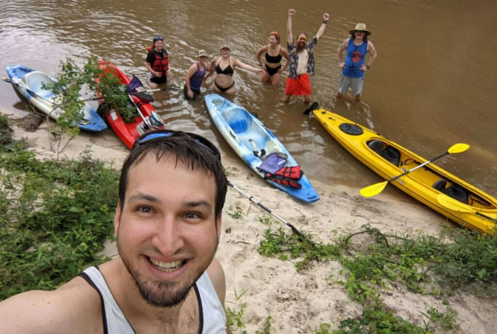 The author with her friends kayaking at Bogue Falaya Covington
