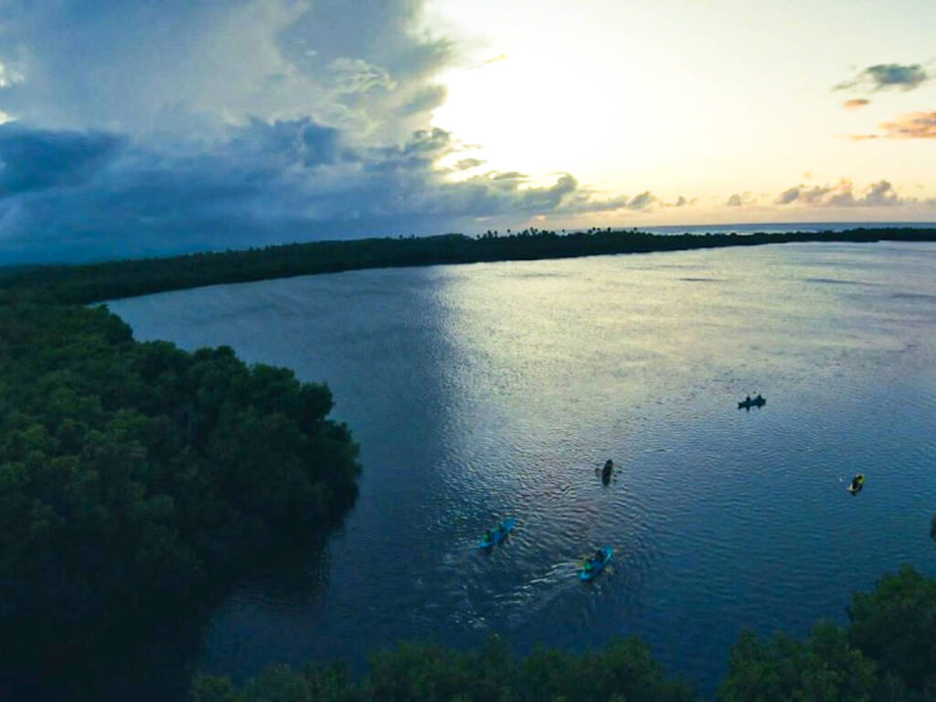 Aerial view of the tourists kayaking on Laguna Grande at dusk