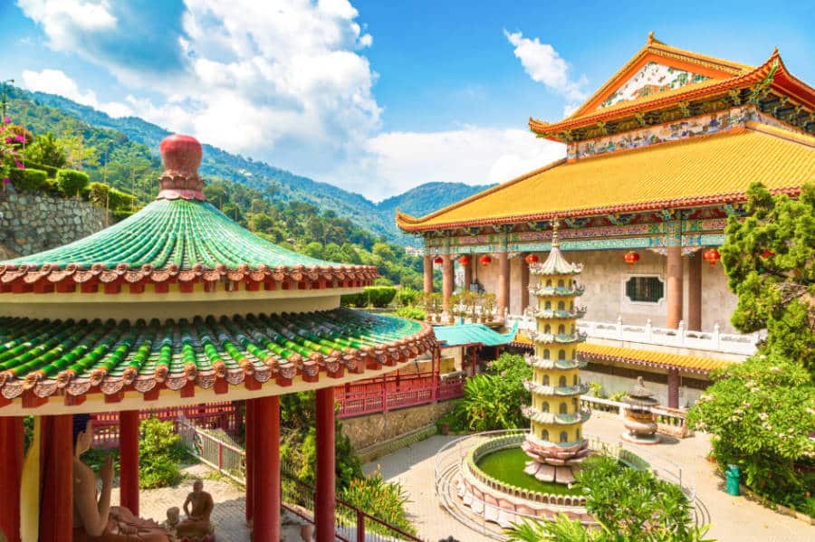 View of the colorful roofing and unique structure of Kek Lok Si Temple in George Town on Penang.