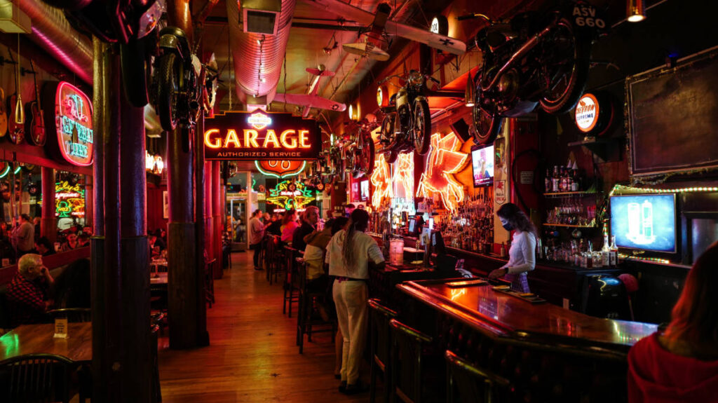 View of neon lights inside the Kelly’s Olympian Bar