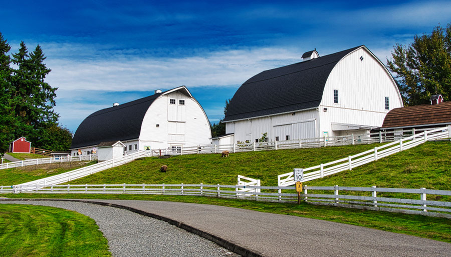 Two farm buildings in Kelsey Creek Park and Farm