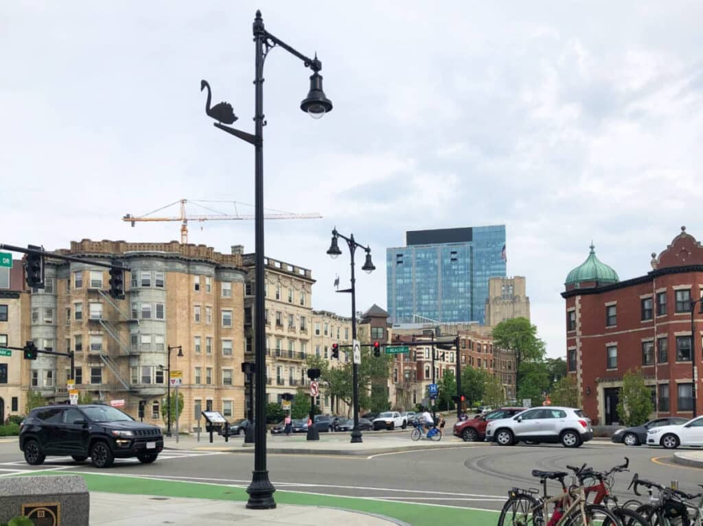 View of vehicles and buildings at the Fenway/Kenmore Square