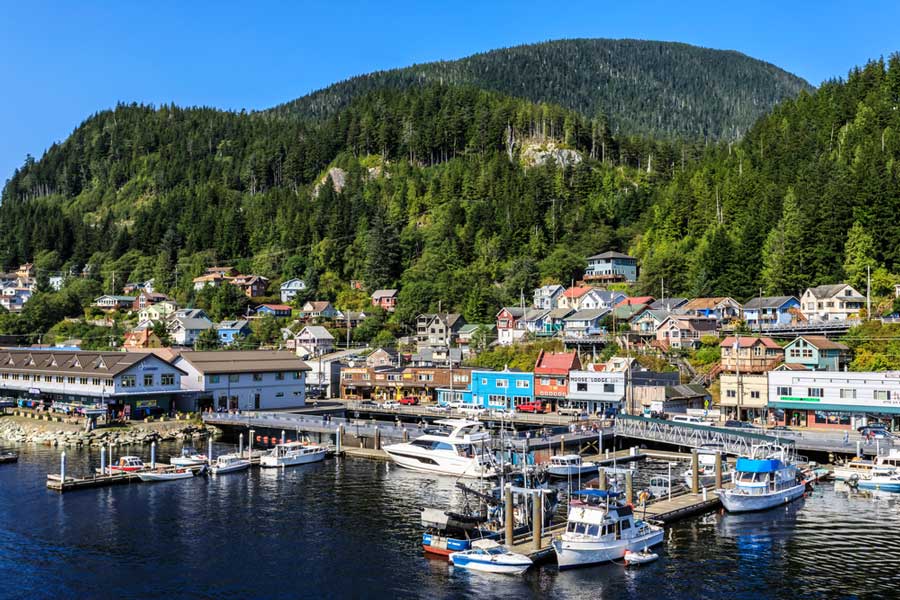 View of houses and boats at the Ketchikan waterfront