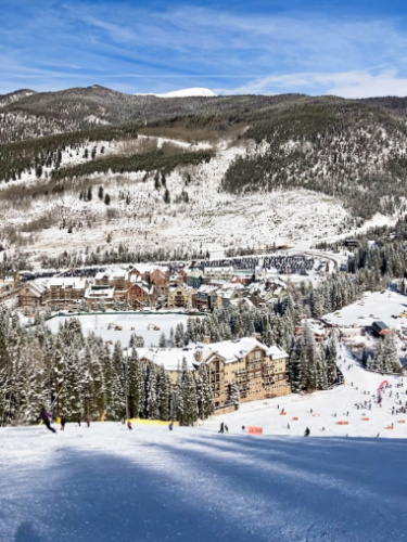 Aerial view of the snow covered mountain town of Keystone