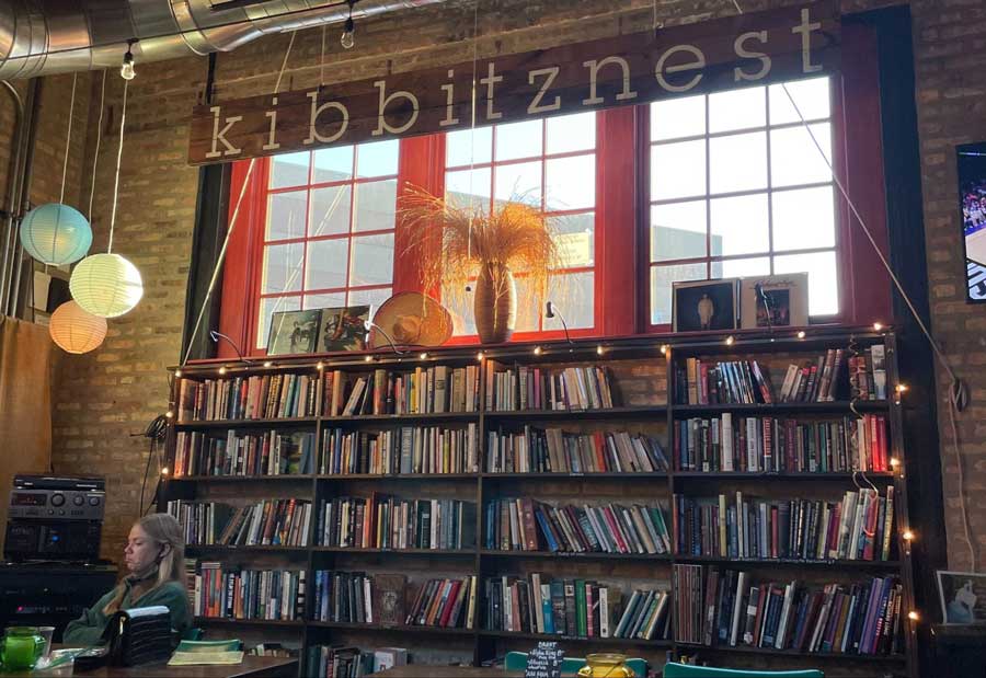 A bookshelf inside the Kibbitznest