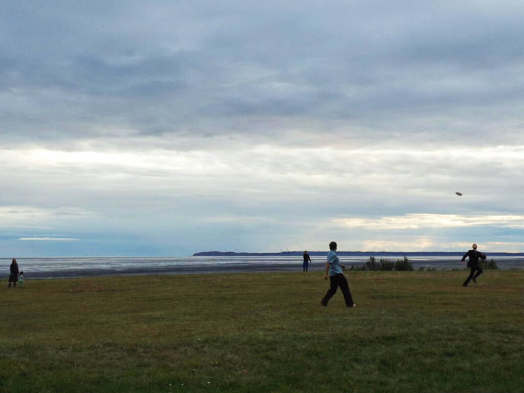 People enjoying their day playing frisbee at Kincaid Park