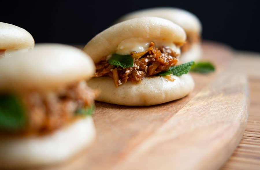 Closed up view of steam buns stuffed with meat