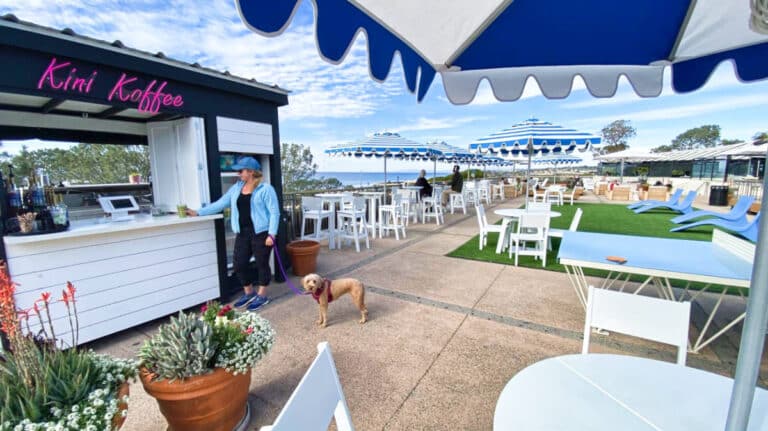 The author Jess Levy and her dog Athena ordering at the rooftop coffee shop of Kini Koffee