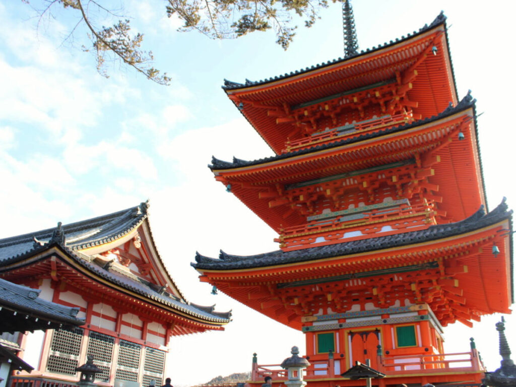Perspective view of the bright red facade of the Kiyomizu-Dera Temple