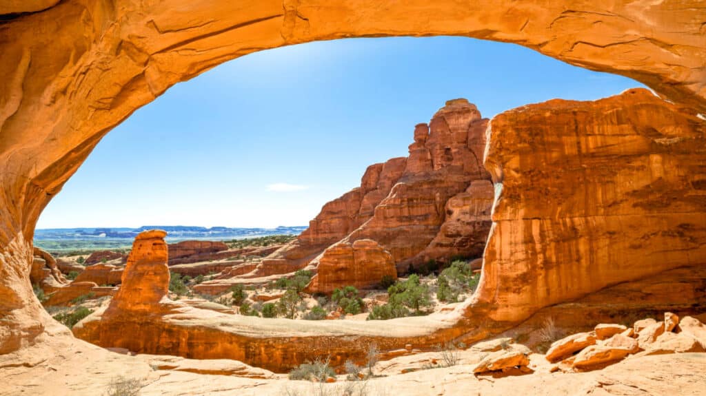 Scenic view of the zigzag trail from the Arch in Klondike Bluffs