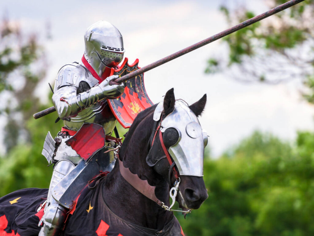 View of a horseman holding a spear for a Knights Tournament