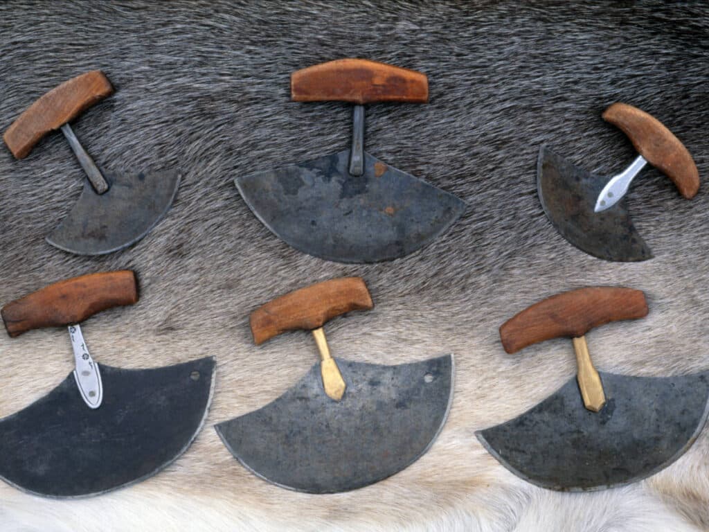 Traditional ulu knives displayed at the Alaska Native Heritage Center