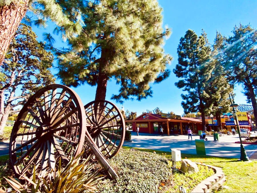 View of the wooden wheel at Knott’s Berry Farm on a sunny day