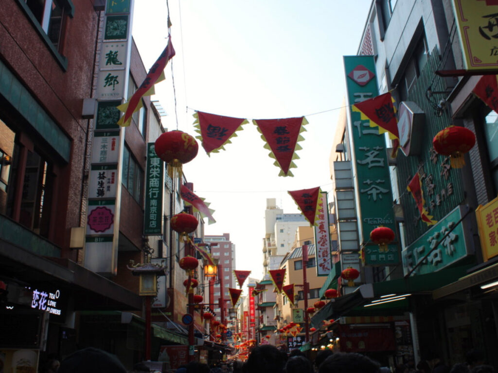 Street filled with lanterns on Chinese New Year in Kobe