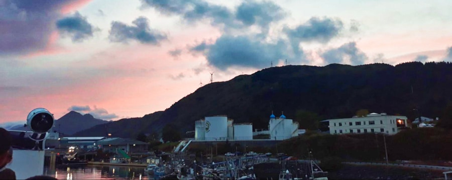 View of Kodiak during sunset from the ferry