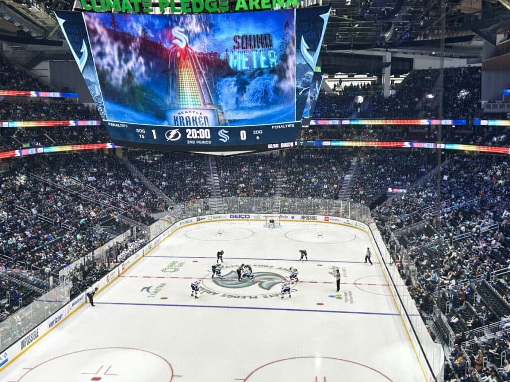View of the people watching the Kraken game in Climate Pledge Arena